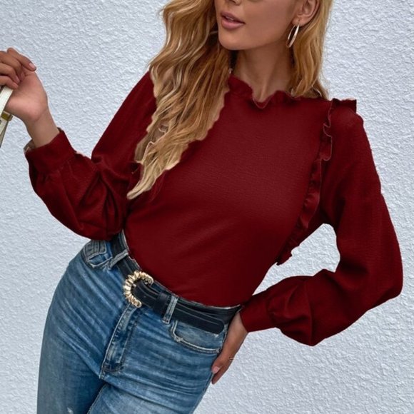 burgundy Ruffle Detail Blouse - Picture 2 of 7